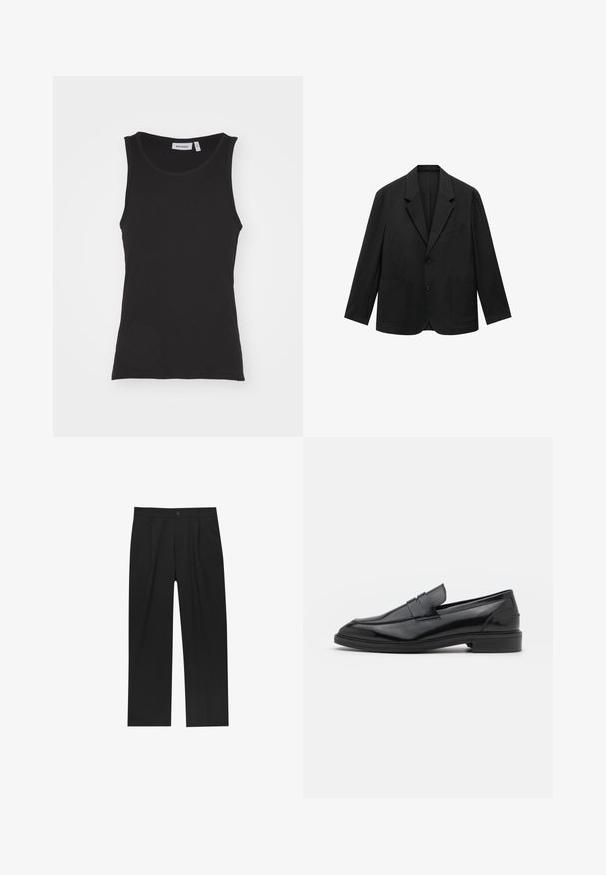 Black tailored jacket with a notched lapel, two buttons, and two front pockets. Made from smooth fabric, featuring a sleek, structured design.; Black sleeveless tank top made of cotton, featuring a round neck, ribbed texture, and straight hemline. Label reads "WEEKDAY."; Black pants with a straight-leg design, made from a smooth fabric. Features front pleats and a single button closure at the waist.; Black leather loafers with a smooth finish, featuring a rounded toe and a narrow band across the upper. Low stacked heel.