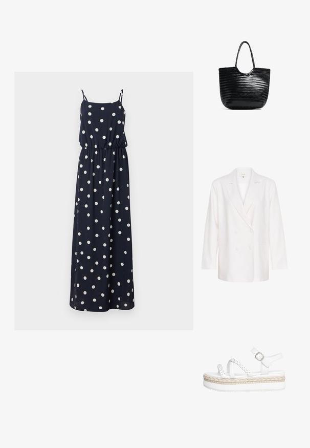Blazer bianco doppiopetto con rever a punta, maniche lunghe e due tasche frontali. Realizzato in un tessuto leggero e strutturato.; Abito maxi blu navy con pois bianchi. Presenta spalline sottili regolabili, vita elasticizzata e una vestibilità comoda. Tessuto dalla consistenza liscia.; Sandali piattaforma bianchi con suola in jute intrecciato, più cinturini decorati con borchie metalliche e cinturino alla caviglia regolabile con fibbia argentata.; Borsa a spalla intrecciata nera con parte superiore arrotondata, cuciture laterali e due manici intrecciati. Presenta un motivo testurizzato e un ampio interno.