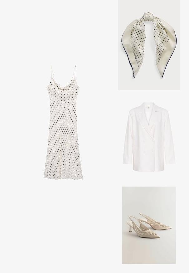 Bela dvoredna blazerjakna z odrezanimi reverji, dolgimi rokavi in dvema sprednjima žepoma. Narejena iz lahkega, strukturiranega materiala.; Kratka obleka brez rokavov iz mehkega, lahkega materiala; krema ozadje s črnimi pikami; drapirana vratna izreza in rahlo padajoča silhueta.; Bež s sandali s koničastimi prsti, ki imajo izrezljan črtast vzorec, tkanine detajle in majhen blok peto. Gladka površinska obdelava.; Svila šal z kremno podlago in mornarskimi pikicami, zvezan na sredini; mornarska obroba; vključuje besedilo "Lauren Ralph Lauren".; Črna tkaninska torba z okroglim vrhom, stranskimi šivi in dvema pletenima ročajema. Ima teksturiran vzorec in prostorno notranjost.