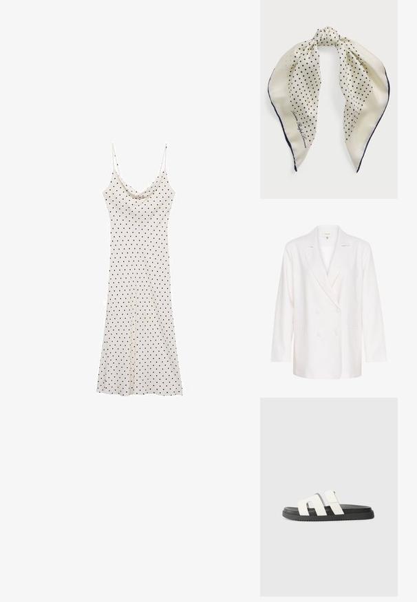 White double-breasted blazer with notched lapels, long sleeves, and two front pockets. Made of a light, textured fabric.; Sleeveless dress in soft, lightweight fabric; cream background with black polka dots; draped neckline and flowy silhouette.; White slide sandals with two wide straps, black rubber sole, minimal design, and smooth texture. Suitable for casual wear.; Silk scarf featuring a cream background with navy polka dots, tied at the center; navy border; includes text "Lauren Ralph Lauren."; Black woven tote bag with a rounded top, side seams, and two braided handles. Features a textured pattern and a spacious interior.