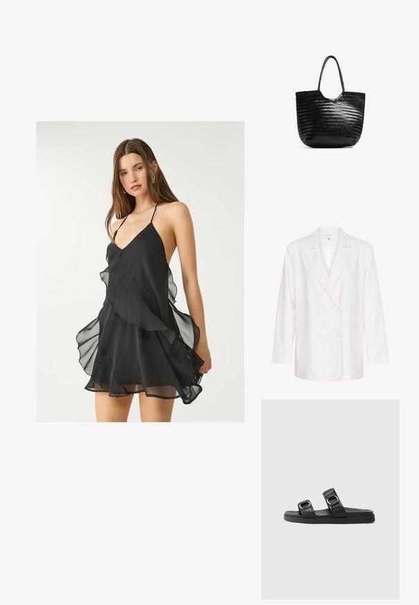 Witte dubbele colbert met geknipte revers, lange mouwen en twee voorkruiszakken. Gemaakt van een lichte, gestructureerde stof.; Zwarte chiffon jurk met een diepe V-hals, dunne bandjes en gelaagde ruches langs de zoom, met een zachte, lichte textuur.; Zwarte slide sandalen met twee verstelbare banden met gouden hardware, een textuur bovenwerk en een vlakke rubberen zool.; Zwarte geweven tote bag met een ronde bovenkant, zijnaad en twee gevlochten handvatten. Beschikt over een textuurpatroon en een ruime binnenkant.