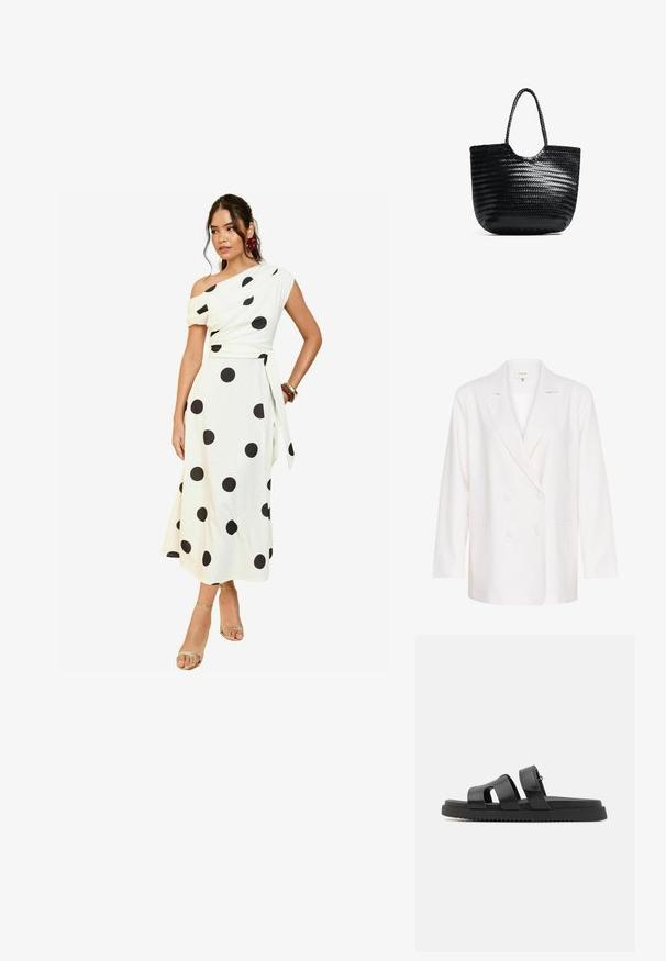 Balta dvigubo priekinio užsegimo švarkas su įpjovomis ant atlapų, ilgomis rankovėmis ir dviem priekinių kišenių. Pagamintas iš lengvos, tekstūruotos medžiagos.; Balta su petnešomis suknelė su didelėmis juodomis taškelėmis, prigludusi liemenė, plazdanti sijonas ir užrišamas juosmens akcentas. Modelis dėvi metalinius sandaļus.; Juodi odiniai šlepetės su dviem plačiomis juostelėmis, atvira pirštų zona, ir storu juodu guminio padų, turinčio tekstūruotą, briaunotą raštą.; Juoda pintinė totė su apvaliu viršumi, šoninėmis siūlėmis ir dviem pynėmis rankenomis. Yra tekstūruotas raštas ir erdvus vidus.