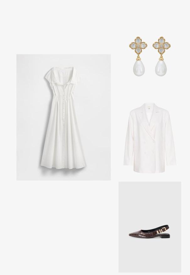 Valkoinen kaksirivinen bleiseri, jossa on viistot läpät, pitkät hihat ja kaksi etutaskua. Valmistettu kevyestä, tekstuuripinnoitteisesta kankaasta.; Valkoinen napillinen mekko, joka on valmistettu kevyestä puuvillasta. Siinä on lyhyet hihansuut, kaulus ja liehuva hame, jossa on pystysaumat.; RAID RUCHI - Ballerinat - brown; Ruskea nahkalaukku, jossa on suorakulmainen muoto, irrotettava hihna ja hopeiset metalliosat. Laukussa on kaksi tagia kiinnitettynä kahvaan.; Kultaketjuiset korvakorut, joissa on kukkamuotoinen muotoilu, valkoisia kukka-akselteja, keskeinen timantti ja pisaran muotoinen valkoinen helmi.