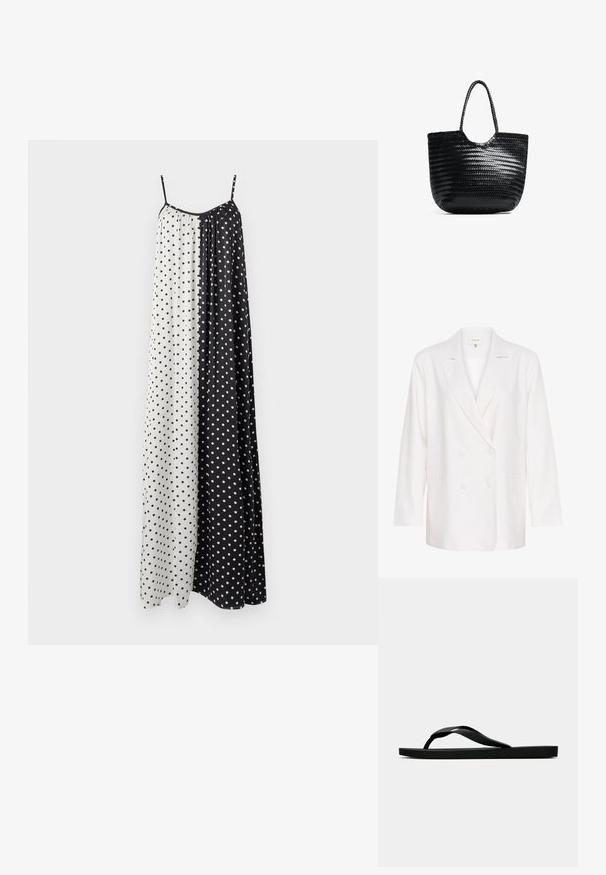 Biała marynarka podwójnie zapinana z klapami, długimi rękawami i dwiema przednimi kieszeniami. Wykonana z lekkiej, teksturowanej tkaniny.; Bezramionowa, długa sukienka z podziałem w czarno-białe sekcje, każda ozdobiona małymi kropkami. Lekka tkanina.; Czarne gumowe klapki z teksturowanym paskiem i prostą płaską podeszwą, przedstawione z boku na jasnym jednolitym tle.; Czarna pleciona torba na ramię z zaokrąglonym górnym brzegiem, szwami bocznymi i dwoma splecionymi uchwytami. Posiada teksturowany wzór oraz przestronną wnętrze.
