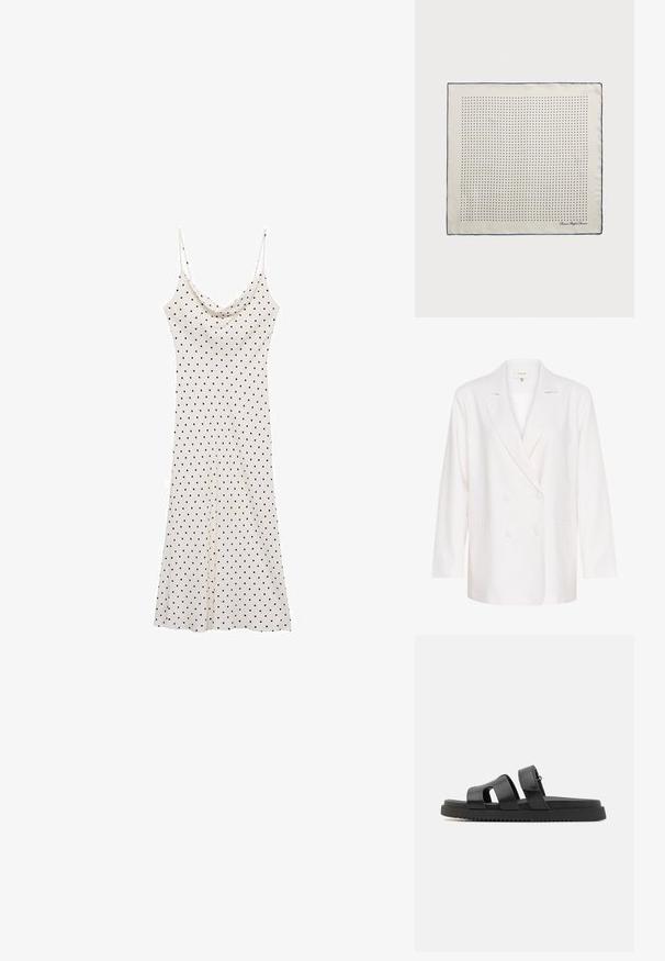 Blazer bianco doppiopetto con rever a punta, maniche lunghe e due tasche frontali. Realizzato in un tessuto leggero e strutturato.; Vestito senza maniche in tessuto morbido e leggero; fondo crema con pois neri; scollatura drappeggiata e silhouette fluida.; Sandali neri in pelle con due fasce larghe, design aperto sulla punta e una spessa suola in gomma nera caratterizzata da un motivo testurizzato e rigato.; Foulard di seta color crema con bordo navy, caratterizzato da puntini navy uniformemente distribuiti che formano un motivo. Firma stampata nell'angolo.