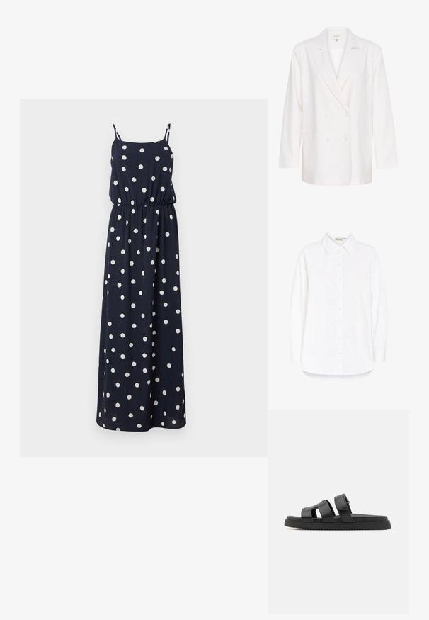 Biely sako s dvojitým zapínaním a klopami, dlhými rukávmi a dvoma prednými vreckami. Vyrobené z ľahkej, textúrovanej látky.; Biela košeľa s gombíkmi, s klasickým golierom, dlhými rukávmi a zakriveným lemom. Vyrobená z hladkej, ľahkej tkaniny. S jemným leskom.; Námornícky modrá maxi šaty s bielymi bodkami. Má tenké nastaviteľné ramienka, elastický pás a voľný strih. Hladká textúra látky.; Čierne kožené sandále s dvoma širokými popruhmi, otvorenou špičkou a hrubou čiernou gumovou podrážkou s textúrovaným, ryhovaným vzorom.; Čierna pletená taška s okrúhlym vrchom, bočnými švami a dvoma ušami z vrkočov. Obsahuje textúrovaný vzor a priestranný interiér.