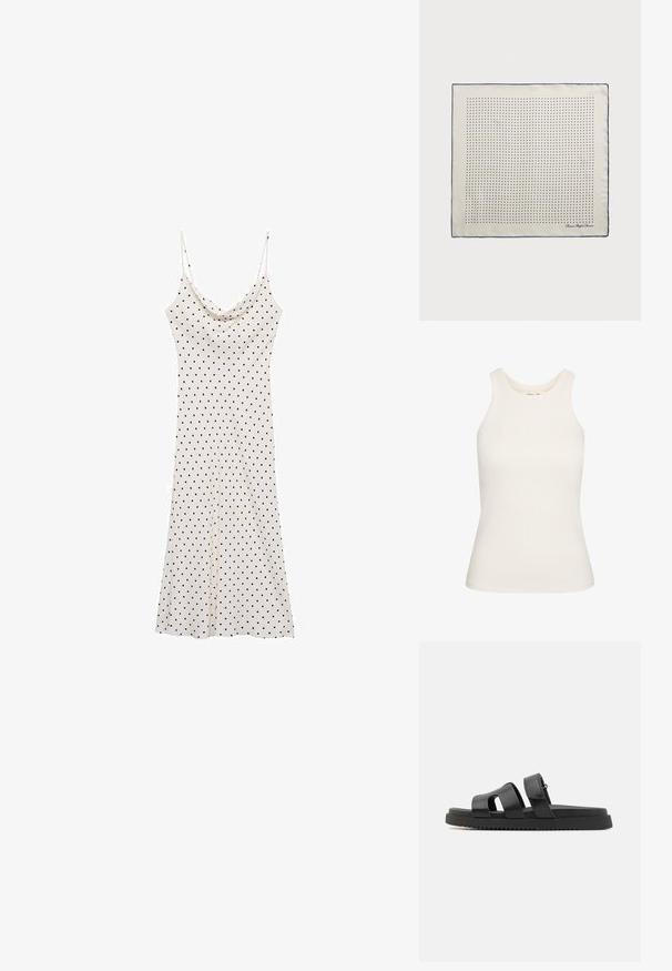 Weißes doppelt geknöpftes Blazer mit Reverskragen, langen Ärmeln und zwei vorderen Taschen. Hergestellt aus einem leichten, strukturierten Stoff.; Weißes Tanktop aus elastischem geripptem Stoff, mit rundem Ausschnitt und ärmellosem Design. Glatte Textur, figurbetonte Passform.; Ärmelloses Kleid aus weichem, leichtem Stoff; cremefarbener Hintergrund mit schwarzen Punkten; drapierter Halsausschnitt und fließende Silhouette.; Schwarze Ledersandalen mit zwei breiten Riemen, offenes Zehendesign und einer dicken, schwarzen Gummisohle mit strukturiertem, gerilltem Muster.; Seidenschal in Creme mit einem Marineblauen Rand, der gleichmäßig verteilte marineblaue Punkte in einem Muster zeigt. Signatur in der Ecke gedruckt.; Schwarze geflochtene Tragetasche mit gerundetem Oberteil, Seitennähten und zwei geflochtenen Griffen. Verfügt über ein strukturiertes Muster und ein geräumiges Innenfach.