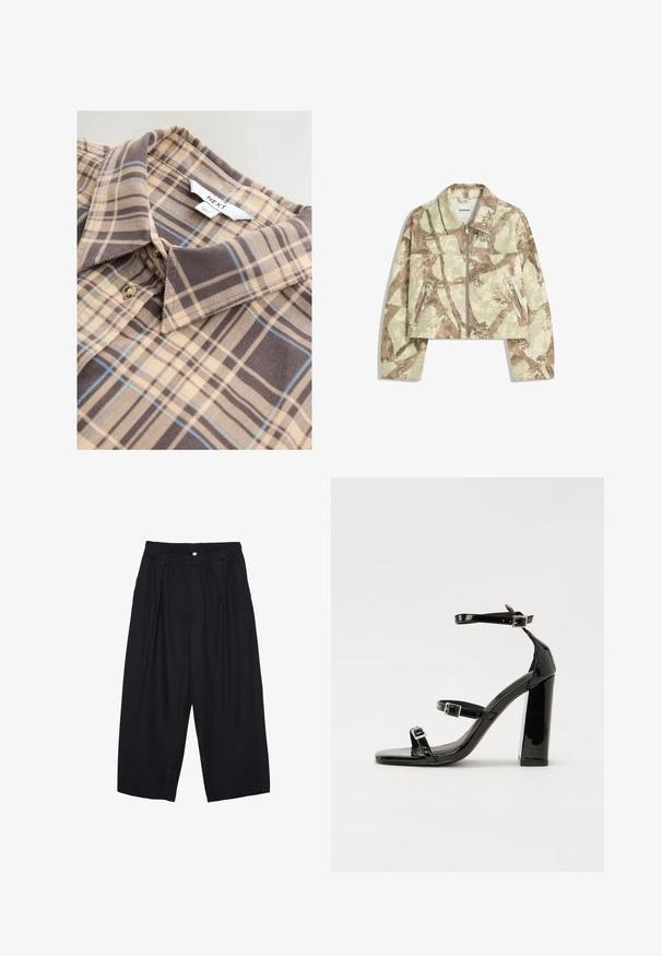 Cropped jacket with a beige and brown abstract camo pattern, featuring a front zipper and two zippered side pockets. Milled texture.; Checked beige shirt featuring brown and blue plaid patterns, collar, and button closure. Made of soft fabric with a smooth texture.; Black polyester culotte pants with an elastic waistband, two front pleats, and a loose silhouette. No visible patterns or hardware details.; Black patent heeled sandals with a square toe, ankle straps, and silver buckles. Features a chunky block heel for stability.