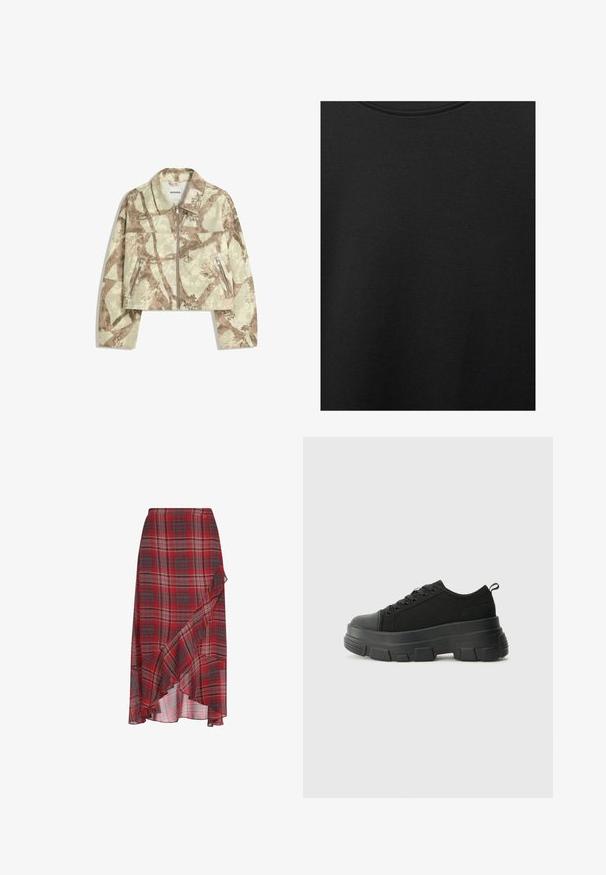 Jachetă croppată cu un model abstract de camuflaj bej și maro, dotată cu un fermoar frontal și două buzunare laterale cu fermoar. Textură măcinată.; Țesătură de bumbac neagră cu o textură netedă și un guler rotund, având un model de granulație subtil și uniform. Fără logo-uri sau accente vizibile.; Fustă carre antracite, realizată dintr-un material ușor, cu un tiv volanat și un design asimetric. Include nuanțe de gri și alb în model.; Adidași negri cu talpă groasă din cauciuc, superior din material texturat, bot rotund și design cu șireturi. Include gauri întărite pentru șireturi și o buclă pe spate.