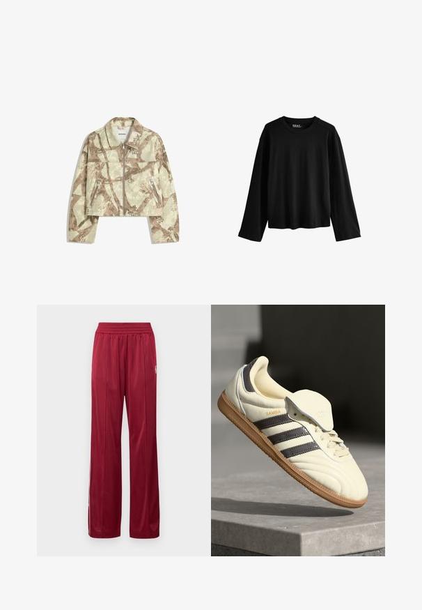 Skraťená bunda s béžovým a hnedým abstraktným maskáčovým vzorom, s predným zipsom a dvoma bočnými vreckami na zips. Mletá textúra.; Čierne tričko s dlhým rukávom z jemnej bavlny. Má okrúhly výstrih, voľný strih a minimalistický dizajn bez vzorov alebo ozdobných prvkov.; Červené športové nohavice vyrobené z hladkej Textílie s elastickým pásom. Obsahujú bočné pruhy a malý detail loga na ľavom stehne.; Krémové kožené tenisky s tromi tmavými pruhmi, hnedou gumenou podrážkou a zaoblenou špičkou. Obsahujú prehýbací jazyk s označením "SAMBA."