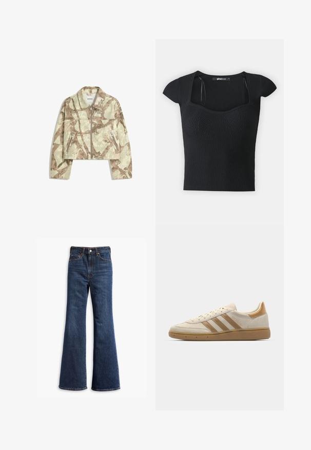 Cropped jacket with a beige and brown abstract camo pattern, featuring a front zipper and two zippered side pockets. Milled texture.; Black ribbed knit top with short sleeves, square neckline, and textured detailing on the bodice. Tag visible inside collar.; High-waisted dark blue denim jeans with flared legs, front button and zipper closure, and five-pocket design.; Beige suede sneaker with light brown accents. Features three brown stripes, textured rubber sole, and a rounded toe design.
