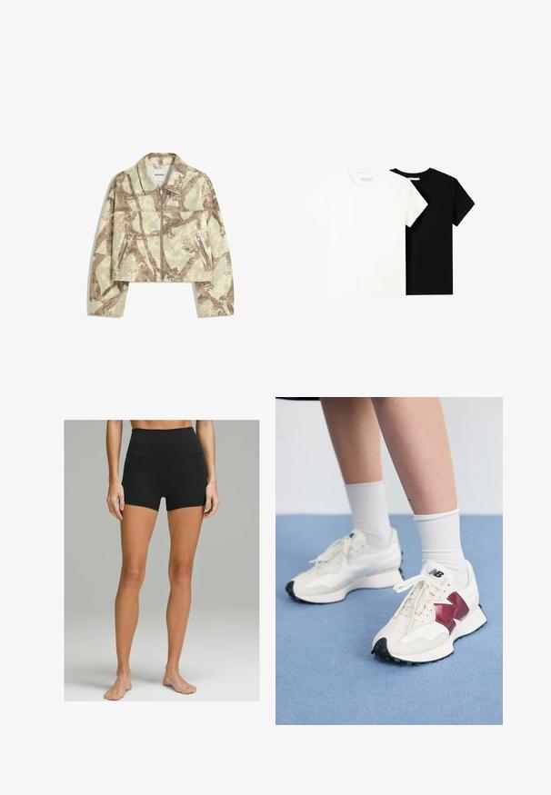 Rövidített kabát bézs és barna absztrakt kamuflázs mintával, elülső cipzárral és két cipzáras oldalzsebbel. Viaszos textúra.; Két rövid ujjú póló, az egyik fehér, a másik fekete, pamutból készült. Mindkettő kerek nyakkivágással és egyszerű, klasszikus dizájnnal rendelkezik.; Fekete, magas derekú, rugalmas anyagból készült sort, sima textúrával, testhezálló fazonnal és térd közepéig érő hosszúsággal. Nincs látható díszítés.; Fehér sneaker pár, bordó kiegészítőkkel, texturált panelekkel, lapos fekete talppal és világos fűzőkkel, fehér bokazoknival viselve.