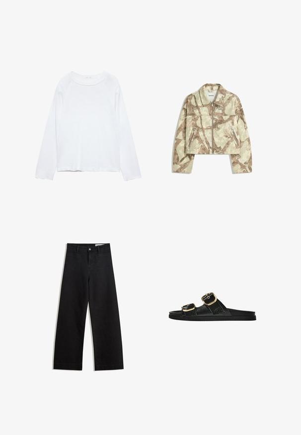 Avskuren jacka med ett beige och brunt abstrakt kamouflage-mönster, med en dragkedja framtill och två sidofickor med dragkedja. Kallad textur.; Vit långärmad topp med rund halsringning, tillverkad av ett lätt tyg. Har raglanärmar och en avslappnad passform. Slät textur, inga mönster.; Svarta vida denimbyxor med hög midja, med fram- och bakfickor, sydda sömmar och knappstängning. Slät textur.; Svart glidsandal med två guldfärgad spännen, slät textur av material, platt sula och en minimalistisk design.
