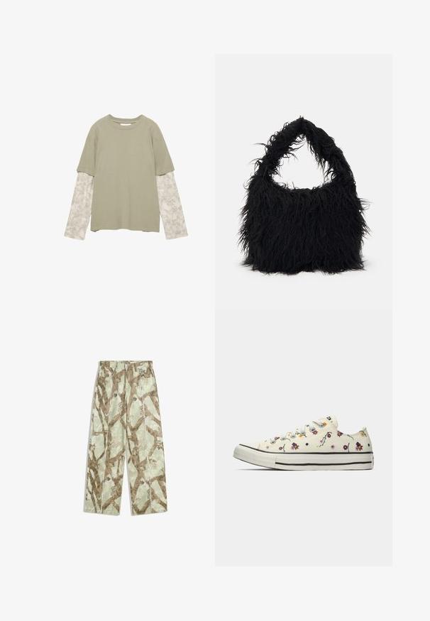 Skraćena jakna s bež i smeškim apstraktnim kamuflažnim uzorkom, koja ima prednji špagu i dva bočna džepa s rajsferšlusom. Mljevena tekstura.; Pamukova mješavina, kratki rukav bež zeleni top s dugim, uzorkovanim svijetlosivim rukavima koji imaju teksturirani dizajn.; Svijetlozelene ravne hlače s smešnim uzorkom grane drveta i lišća, prednjim džepovima i petljama za pojas.; Bijele niske tenisice s raznobojnim malim cvjetnim uzorcima i bijelim vezicama, prikazane sa unutarnje strane na jednostavnoj pozadini.; Even&Odd Velika torba - black