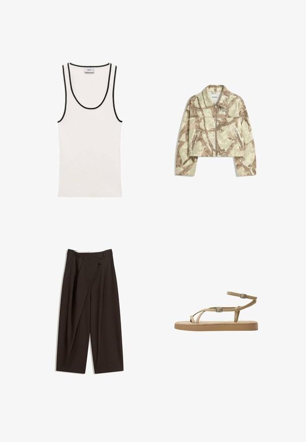 Cropped jacket with a beige and brown abstract camo pattern, featuring a front zipper and two zippered side pockets. Milled texture.; White tank top with a ribbed texture, featuring black trim along the neckline and armholes. Simple, sleeveless design.; Dark brown wide-leg trousers with a high waist, featuring a single button closure and a pleated front. Made from lightweight fabric.; Tan sandals with slim straps, buckle detail, and a cushioned sole. The straps are made of a soft material, designed for comfort and breathability.