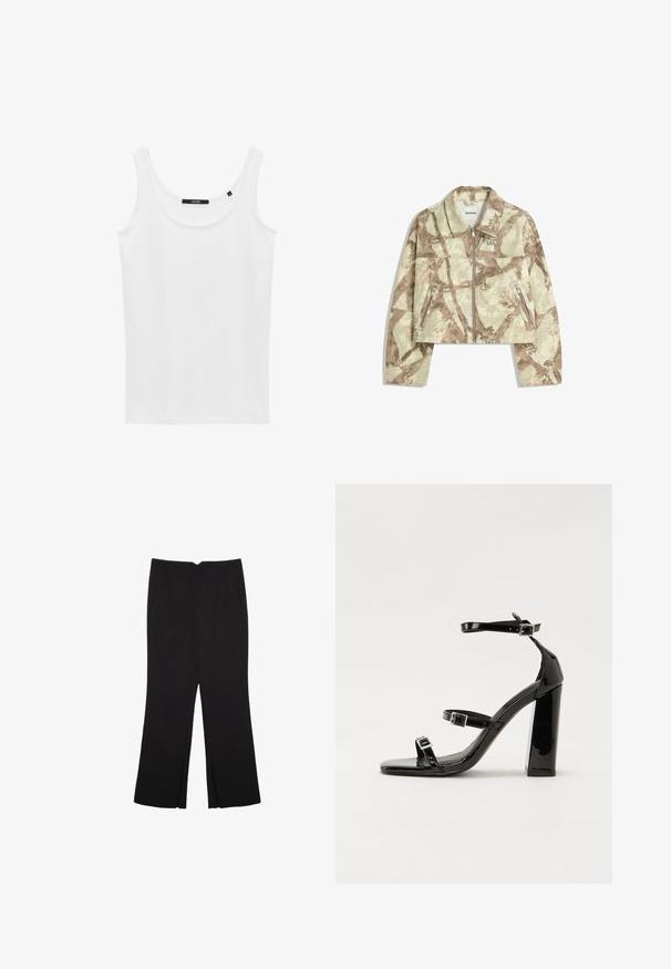 Gekürzte Jacke mit einem beigen und braunen abstrakten Camouflage-Muster, ausgestattet mit einem Reißverschluss vorne und zwei seitlichen Reißverschlusstaschen. Grobe Textur.; Weißes Tanktop aus glattem Stoff, mit rundem Ausschnitt und breiten Trägern. Einfaches Design ohne sichtbare Muster oder Akzente.; Schwarze Hose mit geradem Schnitt, ausgestattet mit Fronttaschen und Seitenschlitzen am Saum. Hergestellt aus weichem, glattem Stoff. Geeignet für verschiedene Anlässe.; Schwarze patentierte Sandalen mit Absatz, quadratischer Spitze, Knöchelriemen und silbernen Schnallen. Mit einem stabilen Blockabsatz für mehr Stabilität.
