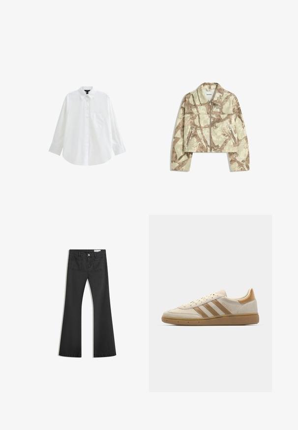 Gekruide jas met een beige en bruine abstracte camouflagepatroon, met een ritssluiting aan de voorkant en twee ritszakken aan de zijkant. Gestanste textuur.; Witte overhemd met lange mouwen, gemaakt van katoen, met een klassieke kraag, een enkele borstzak en een ontspannen pasvorm.; Zwarte flared jeans van denim met een gladde textuur, voorzien van twee achterzakken en een knoopsluiting bij de taille.; Beige suède sneakers met lichtbruine accenten. Voorzien van drie bruine stripes, een textuur rubberen zool en een afgeronde neus.