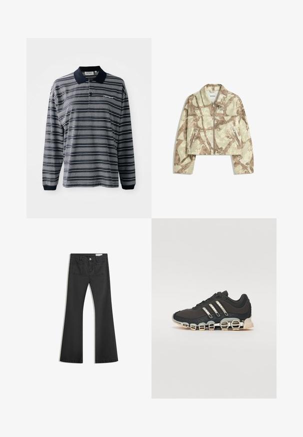Rövidített kabát bézs és barna absztrakt kamuflázs mintával, elülső cipzárral és két cipzáras oldalzsebbel. Viaszos textúra.; Hosszú ujjú póló ing sötétkék és fehér csíkos mintával, pamut anyagból, gallérral, három gombos sliccel és egy kis hímzett logóval a mellrészen.; Fekete, sima textúrájú farmer flare nadrág, két hátsó zsebbel és gombos derékkal.; Fekete sportcipő texturált felsőrésszel, három ezüst csíkkal, és egy jellegzetes párnázott talppal, amely több integrált szakaszból áll.