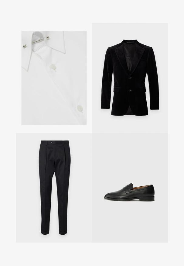 Černý sametový blazer s vroubkovaným límcem, jedním knoflíkem vpředu, dvěma předními kapsami a hladkou podšívkou.; Bílá bavlněná košile s klasickým límcem, knoflíkovým zapínáním a kovovým držákem límce, s hladkým a texturovaným povrchem.; Černé kalhoty z hladkého materiálu s pukem vpředu, zapínáním na knoflík a ohrnutými manžetami u kotníků.; Černé kožené mokasíny s kulatou špičkou, jemným prošíváním a nízkým podpatkem, s hladkým povrchem a minimalistickým designem.