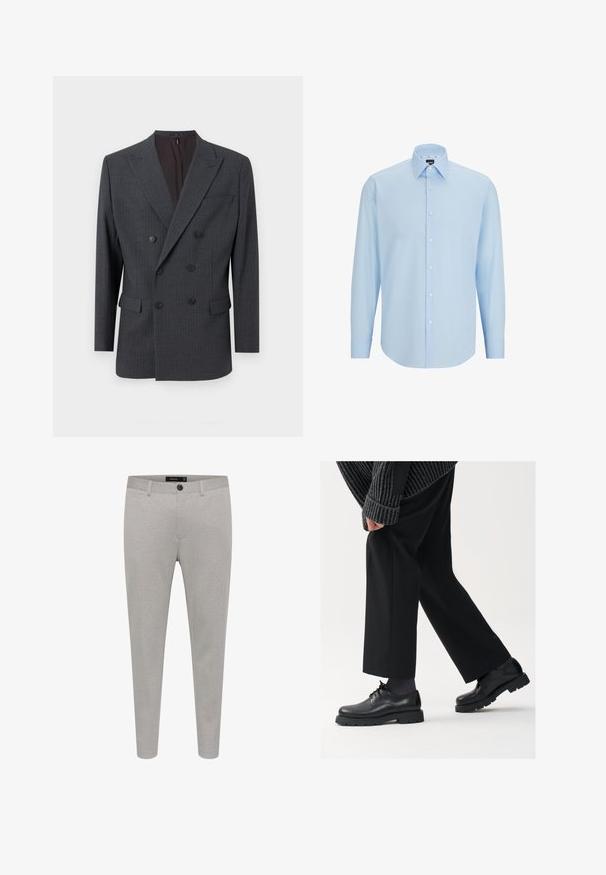 Szürke, kétsoros zakó, csíkos mintával, amelynek hajtókája van, két elülső zsebe és fekete gombjai. Simaságú anyagfelület.; Világoskék, hosszú ujjú ing sima anyagból, gombos elülső résszel, hegyes gallérral és normál szabással.; Világosszürke, szabott nadrág, texturált anyagból, gombos záródással, oldalsó zsebekkel és slim fit kialakítással.; Fekete bőr cipők kerek orral, fűzős kialakítással és vastag, texturált talppal. Öltönyös fekete nadrággal és bordázott pulóverrel viselve.