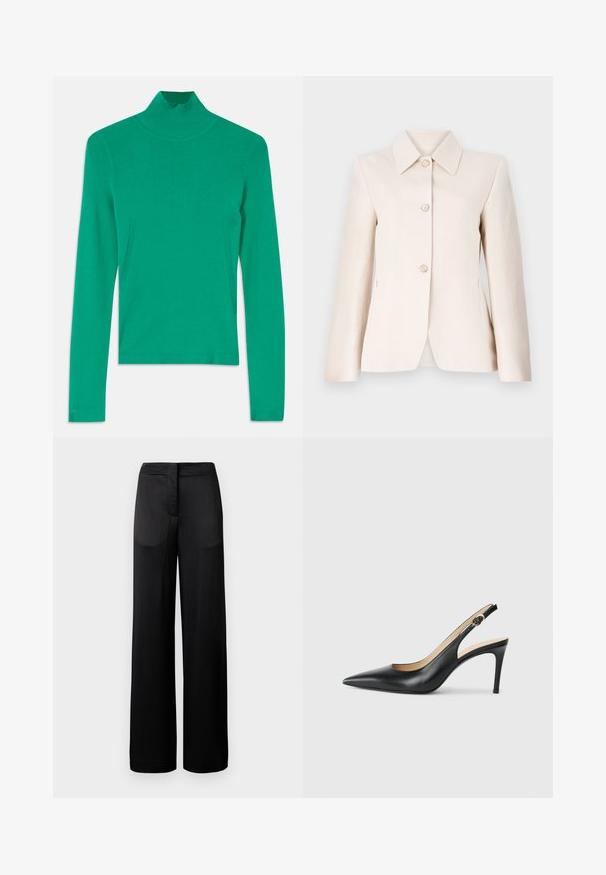Blazer beige claro con solapa muesca, cinco botones delanteros y una textura suave. Corte entallado con mangas largas y bolsillos laterales.; Jersey de cuello alto verde hecho de tejido acanalado, con mangas largas y sutiles detalles en las costuras laterales para una apariencia elegante y ajustada.; Pantalones negros de pierna ancha con una superficie texturada, que cuentan con una cintura plana y dos bolsillos laterales. La tela parece ligera y fluida.; Tacones altos negros de cuero con tirantes, punta afilada, correa ajustable y un elegante tacón de aguja, con un acabado suave.