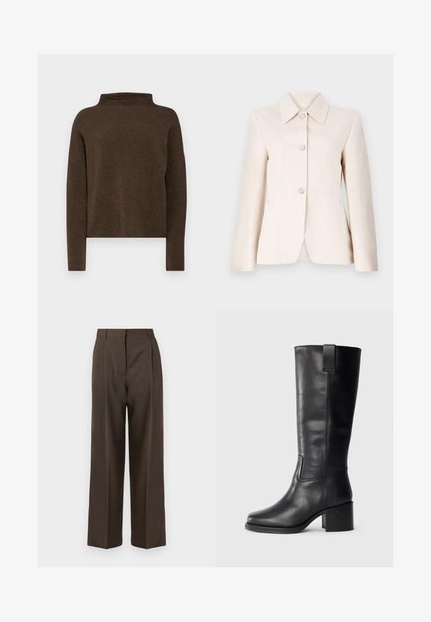 Világos bézs zakó, amely éles gallérral, öt elülső gombbal és sima textúrával rendelkezik. Testreszabott szabás, hosszú ujjakkal és oldalsó zsebekkel.; Barna, magas nyakú pulóver, mely puha, texturált anyagból készült. Hosszú ujjakkal és laza szabással rendelkezik, esősebb vállvarrással.; Barna, bő szárú nadrág sima textúrával, magas derékkal, elülső pleat-ekkel és testre szabott kialakítással. Nincsenek látható zsebek vagy díszítések.; Fekete bőr, térd fölé érő csizmák sima textúrával, négyzetes orral, tömbsarkúval és oldalsó húzófüllel, minimális varrási részletekkel.