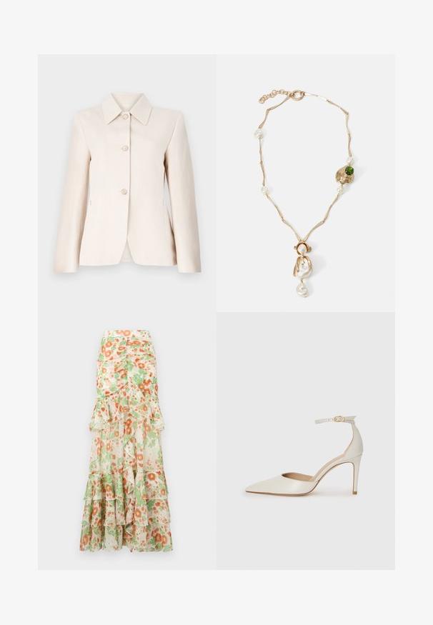 Helles beigefarbenes Blazer mit einem Reverskragen, fünf vorderen Knöpfen und einer glatten Textur. Taillierte Passform mit langen Ärmeln und seitlichen Taschen.; Weißes, kürzer geschnittenes T-Shirt mit lockerer Passform, kurzen, weit geschnittenen Ärmeln, rundem Ausschnitt und seitlichen Schlitzen, aus weichem Baumwollmaterial.; Maxikleid mit Blumenmuster, das einen cremefarbenen Hintergrund, orangefarbene und grüne Blumenprints, gerüschte Lagen und ein tailliertes Design aufweist.; Weiße Leder-Pumps mit spitz zulaufender Zehe, Knöchelriemen und schlanker Stiletto-Absatz. Glatte Oberfläche mit dezent glänzendem Finish.; Halskette in Goldton mit verdrehten Gliedern, weißen Perlen und einem grünen Steinelement. Verfügt über filigrane Details und einen Verschluss zum Schließen.
