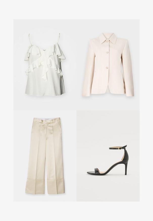 Blazer beige clair avec un col cranté, cinq boutons à l'avant et une texture lisse. Coupe ajustée avec des manches longues et des poches latérales.; Haut blanc sans manches en tissu léger, doté de volants superposés sur le devant et de bretelles ajustables pour plus de confort et un bon ajustement.; Pantalons beige à jambes larges en tissu lisse avec une taille haute, un devant plissé et un ourlet replié, dotés de poches latérales et d'une finition soignée.; Sandale à talons hauts en cuir noir avec une lanière de cheville. Présente une texture lisse, un bout ouvert et un talon fin. Détail de boucle en ton doré.