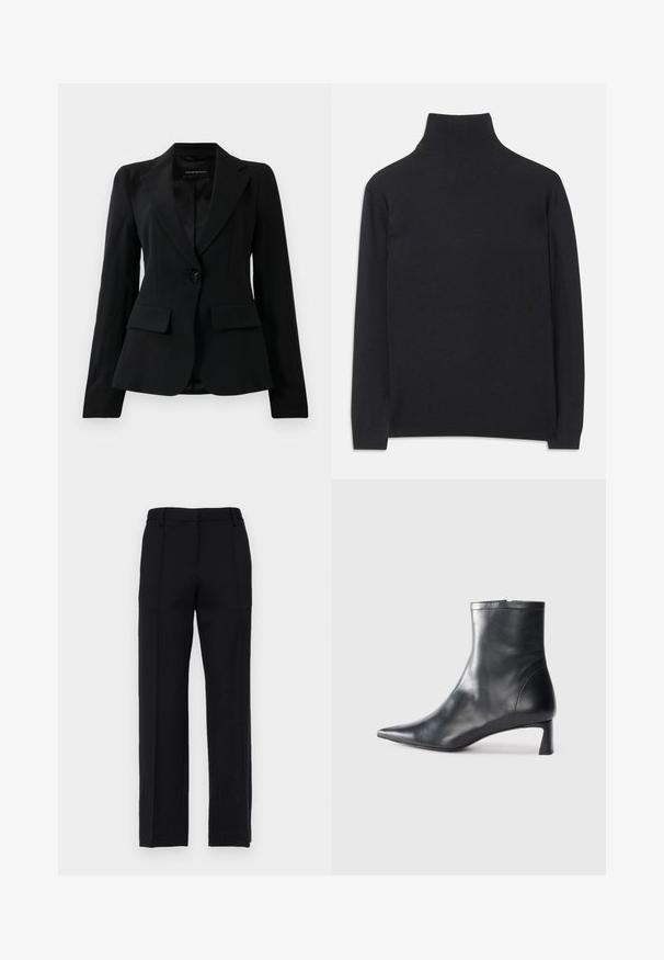 Fekete szabott blézer kivágott hajtókákkal, egy fekete gombbal zárva, és két elülső zsebrevett zsebbel, sima fehér háttér előtt.; Fekete garbó pulóver puha anyagból. Hosszú ujjakkal, magas nyakkal és bordázott mandzsettákkal, valamint aljjal rendelkezik, ami karcsú megjelenést kölcsönöz.; Fekete, szabott nadrág egyenes szárkialakítással, elöl gyűrődésekkel és lapos derékkal. Simább, texturált anyagból készült.; Fekete bőr bokacsizma hegyes orral és letisztult dizájnnal. Alacsony sarka és hátsó cipzáras záródása van. Simának tűnő textúra.