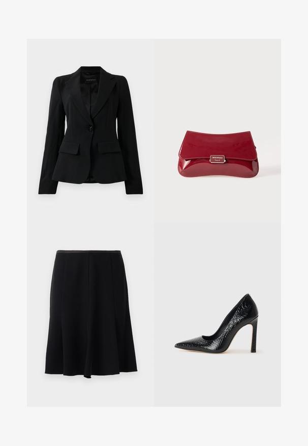 Černé tailored sako s klopami, jedním černým knoflíkem na zapínání a dvěma předními kapsami s klopami, vystavené na jednoduchém bílém pozadí.; Černý top s krátkým rukávem vyrobený z hladkého materiálu, s širokým výstřihem, obdélníkovým předním designem a diskrétním zadním zipem.; Černá áčková sukně s hladkou texturou, doplněná páskem a sklady pro plynulý pohyb. Bez viditelných akcentů nebo vzorů.; Černý lodičkový bot s špičatou špičkou, pokrytý texturou krokodýlí kůže, s elegantním designem, vysokým stiletto podpatkem a hladkým černým interiérem.; Červená lakovaná kabelka s křivkovým designem, překlopným víkem a kovovým logem na stříbrné destičce. Hladký, lesklý povrch.