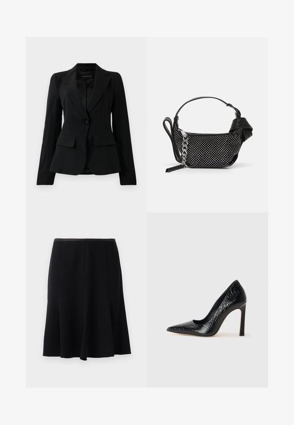 Black tailored blazer with notch lapels, single black button closure, and two front flap pockets, displayed against a plain white background.; Black tank top with thin spaghetti straps, made of a ribbed fabric, featuring a straight cut and a label at the neckline reading "IVY OAK."; Black A-line skirt with a smooth texture, featuring a waistband and pleated design for fluid movement. No visible accents or patterns.; Black pointed-toe high heel shoe with a crocodile-skin texture, featuring a sleek design, high stiletto heel, and smooth black interior.; Black handbag featuring studded embellishments, a chain strap, and a smooth leather handle, with a rounded shape and zipped compartment.
