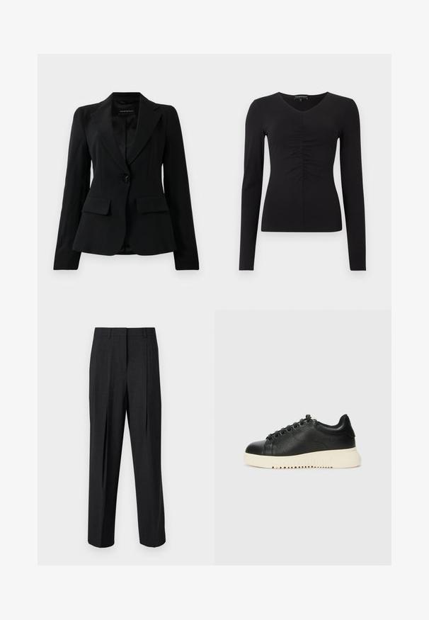 Sort skræddersyet blazer med klapkrave, enkelt sort knaplukning og to frontlomme med klap, præsenteret mod en ensfarvet hvid baggrund.; Sort langærmet top med V-hals og opsamlet detalje foran, lavet af et glat stof. Tætsiddende silhuet og minimalistisk design.; Mørkegrå skræddersyede bukser med lige ben, udstyret med to forpliser, bæltestropper og en glat stofoverflade.; Sorte lædersneakers med en struktureret overflade, rund tå, seks sorte øjer og en hvid gummisål med riller.