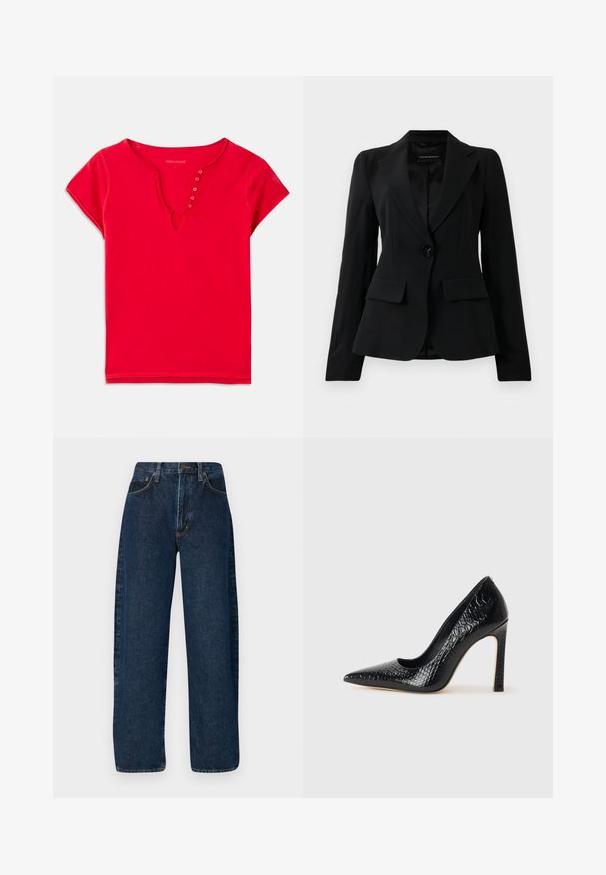 Sacou negru croit cu rever înclinat, închidere cu un singur buton negru și două buzunare frontale cu clapetă, expus pe un fundal alb simplu.; Top scurt roșu, din bumbac moale, cu decolteu în V, evidențiat de accente cu nasturi și croială lejeră. Textură netedă, cusături minime.; Jeans din denim albastru, cu croi larg, talie înaltă, având un styling clasic cu cinci buzunare și cusături contrastante de-a lungul cusăturilor.; Pantofii cu toc înalt, ascuțiți, de culoare neagră, cu textură de piele de crocodil, având un design elegant, toc în stil stiletto și interior neted de culoare neagră.