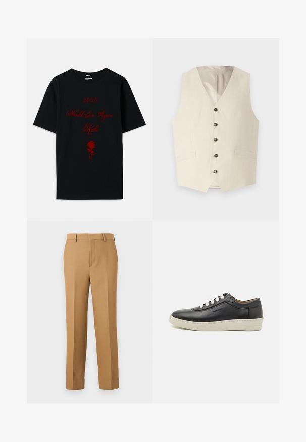 Beige linned vest med V-hals, fem mørke knapper og to frontlommer. Indersiden er foret med en lys farve.; Sort bomulds T-shirt med rød tekst: "10/10 Ville synde igen" og en rose grafik. Enkel rund hals design, korte ærmer.; Beige bukser lavet af vævet stof, med lige snit, flad front og bæltestropper. Glat tekstur uden synlige mønstre.; Sorte lædersneakers med en hvid gummisål, rund tå og flade snørebånd, med sidesyninger og diskret branding.