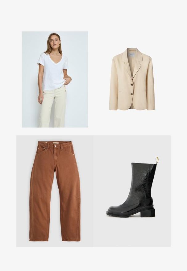 Beige blazer med reverskrave, to forreste knapper og to lommer. Lavet af struktureret stof med en afslappet pasform.; Desires DEDANNON TEE - T-shirts basic - white; Rustbrune straight-leg jeans med for- og baglommer, metalnitter, knaplukning og bæltestropper, lagt fladt på en hvid baggrund.; Sort ankelstøvle lavet af skinnende, tekstureret materiale. Har en kraftig hæl og en trækflap bagpå for nem påtagning.