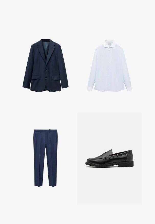 Marineblauwe blazer van textuurstof, voorzien van een front met twee knopen, met een notch lapel en twee zijzakken. Voering aan de binnenkant.; Lichtblauw gestreept overhemd met lange mouwen, witte kraag en manchetten, met een knoopsluiting aan de voorkant en een gebogen onderzoom. Gladde stoftextuur.; Navyblauwe broeken van textuurstof, met een platte voorkant, twee zijzakken en een rechte pijpdesign.; Zwarte synthetische loafers met een opvallende gestikte voorkant, gevoerde binnenzool en platte rubberen buitenzool; slank ontwerp met minimale details.