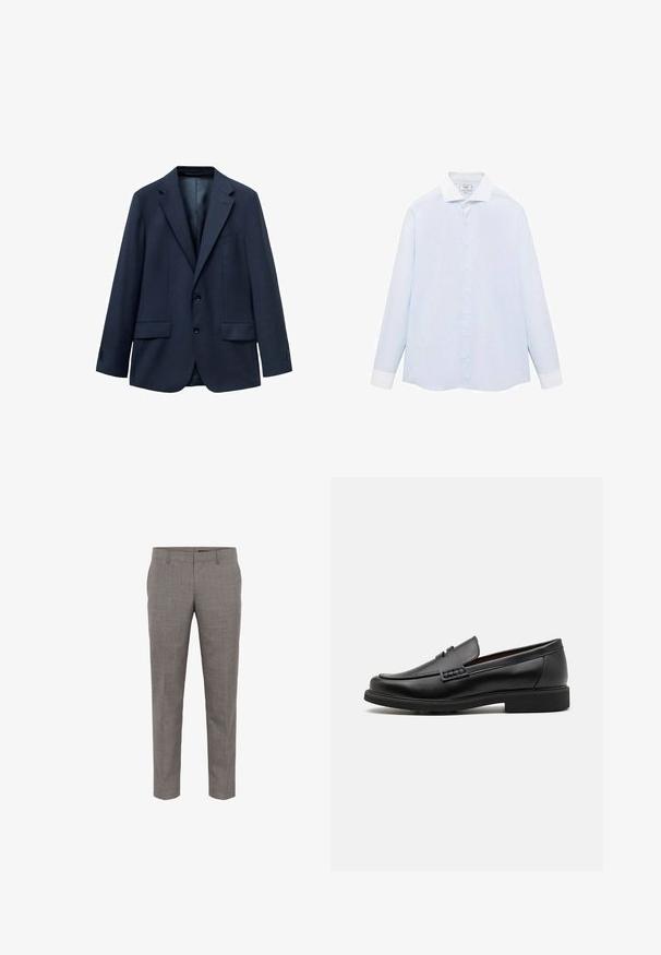 Mörkblå blazer i texturerat tyg, med tvåknäppning fram, snedskärpta slag och två sidofickor. Fodrad insida.; Ljusblå randig långärmad skjorta med vit krage och manschetter, med knäppning fram och rundad nederkant. Slät tygtextur.; Grå, skräddarsydda byxor i texturerad tyg, med slim fit, sidfickor och platt framdesign.; Svart syntetiska loafers med en framträdande söm på framsidan, vadderad sula och platt gummiyttersula; elegant design med minimalt detaljerad.