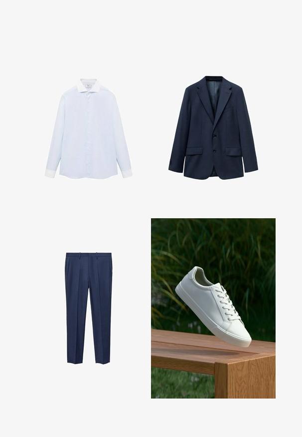 Navyblaues Blazer aus strukturiertem Stoff, mit einem Zwei-Knopf-Verschluss, Reverskragen und zwei seitlichen Taschen. Gefüttertes Innere.; Himmelblauses gestreiftes Langarmhemd mit weißem Kragen und Manschetten, mit einer Knopfleiste vorne und einem abgerundeten Saum. Glatte Stofftextur.; Marineblaue Hose aus strukturiertem Material, mit flachem Bund, zwei Seitentaschen und geradem Bein.; Weiße Schnürsneaker, die über einer Holzbank mit grünem Laub im Hintergrund schweben und das Schuhdesign sowie die Textur zeigen.