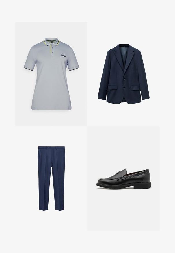 Navy blue blazer made of textured fabric, featuring a two-button front, notched lapels, and two side pockets. Lined interior.; Light grey polo shirt with black and bright yellow accents. Features a collar, three-button placket, and embroidered logo on the chest.; Navy blue trousers made from textured fabric, featuring a flat front, two side pockets, and a straight leg design.; Black synthetic loafers with a prominent stitched front, cushioned insole, and flat rubber outsole; sleek design with minimal detailing.