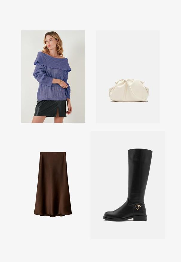 Schwarzer zweireihiger Blazer mit Reverskragen, grauen Kontrastmanschetten und zwei vorderen Taschen. Glatte Textur und taillierte Silhouette.; Lila gerippter Strickpullover mit einem schulterfreien Ausschnitt und umgeschlagenen Bündchen, kombiniert mit einem schwarzen Leder-Minirock mit einem Schlitz vorne.; Mango Maxirock - brown; Anna Field Wide Fit Stiefel - black; Cremfarbener, weicher Kunstlederbeutel mit gerafftem Design, verstellbarem Schultergurt und subtiler Kordelzug-Verschluss. Glatte Textur und runde Form.