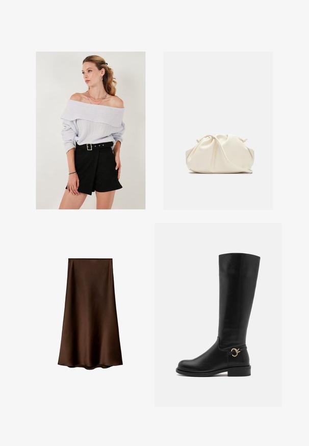 Črn dvoredni blazer z režnimi ovratniki, sivi kontrastni manšeti in dvema sprednjima žepoma. Gladka tekstura in krojena silhueta.; Svetlo vijoličast pulover brez naramnic z rebrasto teksturo, v kombinaciji z črnimi kratkimi hlačami visoko pasu, ki imajo podrobnost s sponko.; Mango Dolgo krilo - brown; Anna Field Wide Fit Škornji - black; Krema barve, mehka torba iz umetnega usnja z nabranim dizajnom, nastavljivim ročajem in diskretnim zapiranjem na vrvico. Gladka tekstura in zaobljena oblika.