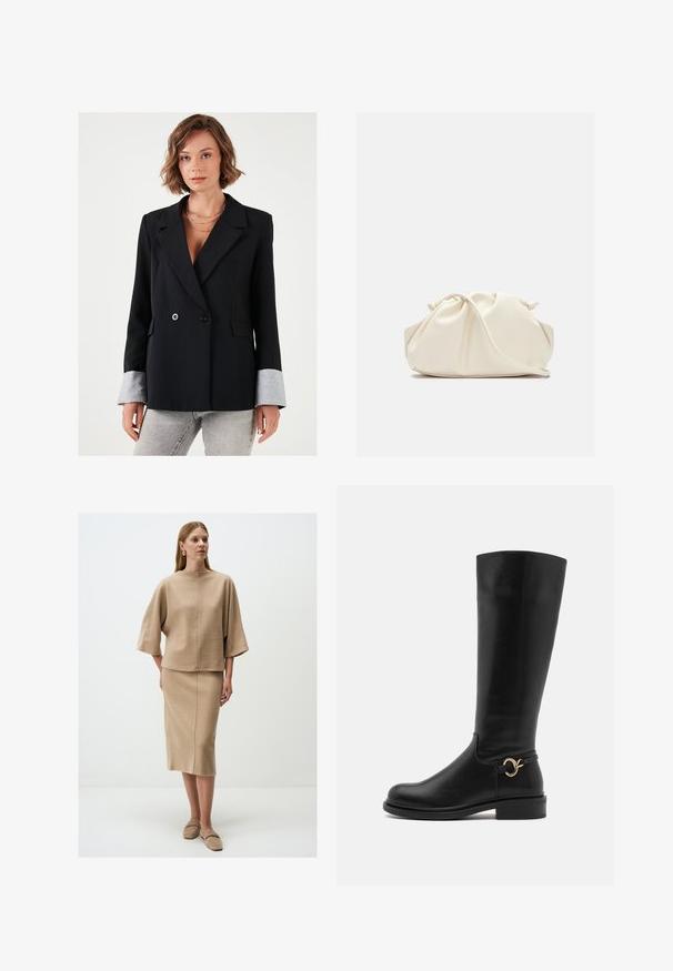 Blazer nero doppiopetto con rever a punta, polsini a contrasto grigi e due tasche frontali. Texture liscia e silhouette sartoriale.; Blusa bianca a maniche lunghe con colletto classico, chiusura frontale con bottoni e dettaglio arricciato sui lati. Tessuto liscio con una forma sartoriale.; Top in maglia beige con maniche ampie e collo alto, abbinato a una gonna al ginocchio realizzata nello stesso materiale, entrambi caratterizzati da una texture morbida.; Anna Field Wide Fit Stivali alti - black; Borsa in ecopelle color crema, morbida, con design arricciato, tracolla regolabile e chiusura a coulisse discreta. Texture liscia e forma arrotondata.; Orecchini a goccia argentati con superfici arrotondate e riflettenti; design minimalista con texture liscia e un delicato dettaglio di branding.