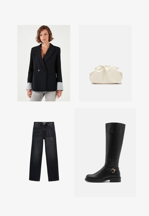 Čierny dvojradový blejzer s výstrihom, sivé kontrastné manžety a dve predné vrecká. Hladký materiál a strih na mieru.; Biela blúzka s dlhým rukávom a klasickým golierom, so zapínaním na gombíky vpredu a detailom so zberaním na boku. Hladká tkanina s prispôsobeným strihom.; Čierne široké džínsy vyrobené z denimu. S piatimi vreckami, zipsom a gombíkovým zapínaním a s jemným vyblednutím na prednej strane.; Anna Field Wide Fit Čižmy - black; Krémová, mäkká taška z umelého kože s nariaseným dizajnom, nastaviteľným popruhom a jemným šnurovaním. Hladký povrch a zaoblený tvar.; Strieborné visacie náušnice s zaoblenými, reflektujúcimi povrchmi; minimalistický dizajn s hladkou textúrou a jemným detailom značky.