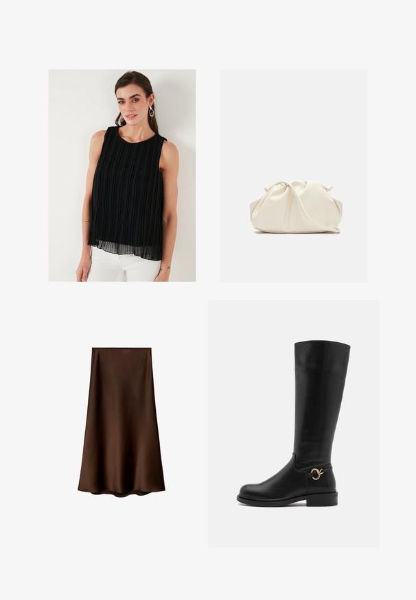 Blazer nero doppiopetto con rever a punta, polsini a contrasto grigi e due tasche frontali. Texture liscia e silhouette sartoriale.; Top senza maniche nero con pieghe verticali, scollo tondo e silhouette fluida. Realizzato in tessuto leggero con una texture a strati.; Mango Gonna lunga - brown; Anna Field Wide Fit Stivali alti - black; Borsa in ecopelle color crema, morbida, con design arricciato, tracolla regolabile e chiusura a coulisse discreta. Texture liscia e forma arrotondata.