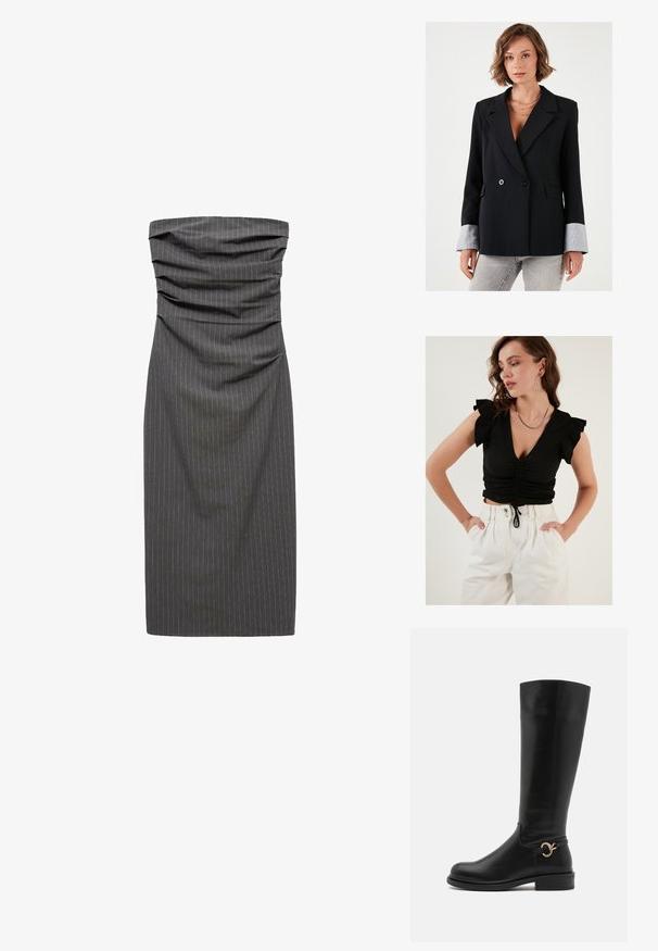 Černý dvouřadý blejzr s klopami, šedými kontrastními manžetami a dvěma předními kapsami. Hladká textura a přizpůsobený silueta.; LELA SLIM FIT - Blůza - black; Bezramínkové, přiléhavé šaty z tmavě šedé pruhované látky. Obsahují na živůtku nabrané detaily a mají rovný siluetu.; Anna Field Wide Fit Vysoká obuv - black; Krémová, měkká taška z umělé kůže s nabráním, nastavitelným popruhem a nenápadným stahováním. Hladký povrch a zakulacený tvar.