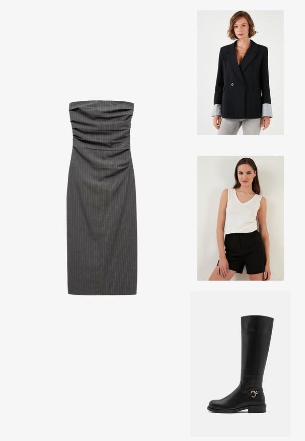 Blazer noir croisé à revers notés, avec des poignets contrastés gris et deux poches avant. Texture lisse et silhouette cintrée.; Haut sans manches blanc avec un décolleté en V, associé à un short noir taille haute ; les deux vêtements sont en tissu léger et possèdent des textures lisses.; Robe sans bretelles, ajustée, en tissu rayé gris foncé. Présente des détails froncés au niveau du corsage et une silhouette droite.; Anna Field Wide Fit Bottes - black; Sac en cuir synthétique de couleur crème, doux, avec un design froncé, une bandoulière adjustable et une fermeture à cordon subtile. Texture lisse et forme arrondie.