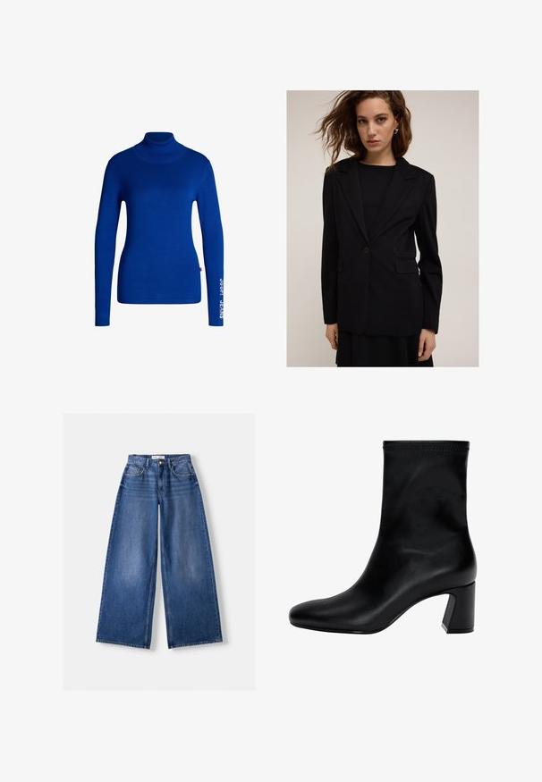 Schwarzer, maßgeschneiderter Blazer aus weichem Stoff, mit einem einzelnen Knopfverschluss, Reverskragen und zwei Fronttaschen. Strukturiert geschnitten.; Blauer Rollkragenpullover aus weichem, dehnbarem Material. Mit langen Ärmeln und dem in Weiß auf dem rechten Ärmel aufgedruckten Text "JOOP! JEANS".; Bershka WIDE-LEG - Wide Leg - dark blue; Schwarzer Knöchelstiefel aus glattem Leder. Mit quadrater Zehenpartie, elastischem Schaft und einem stabilen Blockabsatz. Minimalistisches Design.