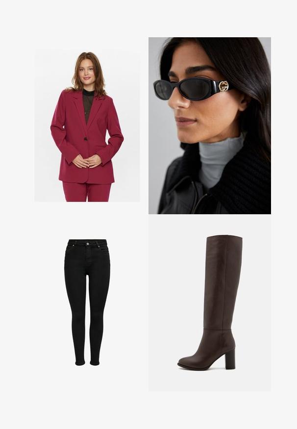 Blazer ajustado color burdeos con cierre de un solo botón, solapas en pico y dos bolsillos frontales; textura suave y diseño entallado.; Suéter negro de punto con cuello redondo, mangas largas y puños y dobladillo de canalé. Textura suave y diseño simple sin patrones.; Vaqueros skinny negros de cintura alta con botón frontal, trabillas para cinturón y diseño de cinco bolsillos, exhibidos sobre un fondo blanco.; Bota de cuero marrón hasta la rodilla con tacón bloque, textura suave, punta redondeada y detalles de costura mínimos.; Gafas de sol negras con un elegante marco rectangular y un acento de logotipo dorado en el lateral. Las lentes oscuras y el acabado brillante son prominentes.