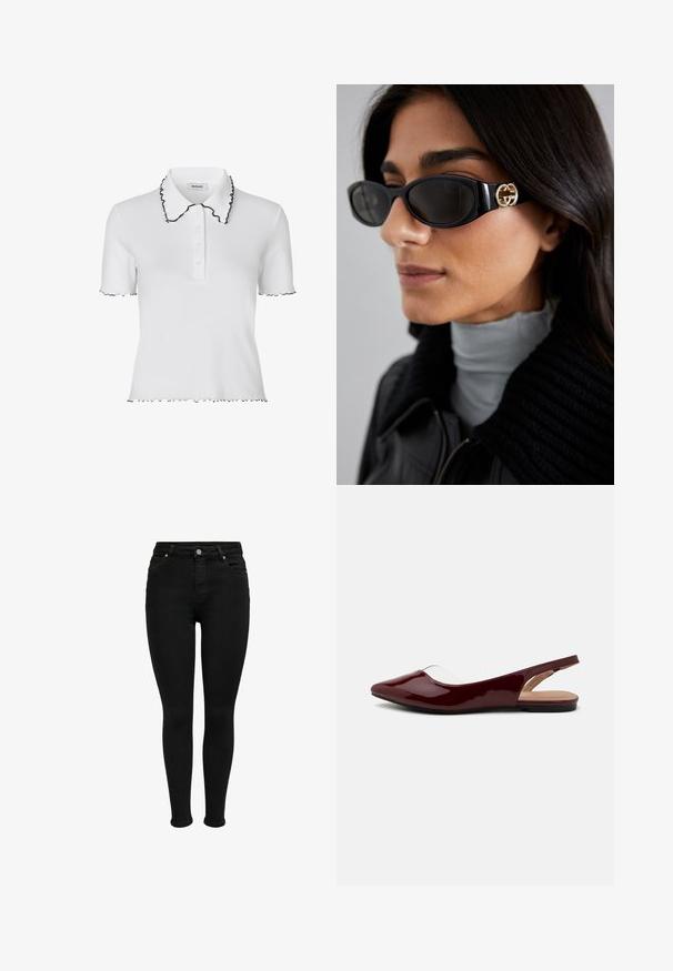 Sacou burghiu căptuşit, de culoare vişinie, cu o închidere printr-un singur nasture, rever tip notch și două buzunare frontale; textură fină și design croit.; Modström MAGDALONEMD POLO - Bluză polo - soft white; Jeans skinny negri cu talie înaltă, cu nasture frontal, bucle pentru brâu și design cu cinci buzunare, prezentate pe un fundal alb.; Balerini slingback din patent burgundy, cu vârf ascuțit, decupaj transparent și talpă plată neagră. Textură netedă, design minimalist.; Ochelari de soare negri, cu un cadru rectangular elegant și un accent cu logo auriu pe lateral. Lentile întunecate și finisaj lucios sunt proeminente.