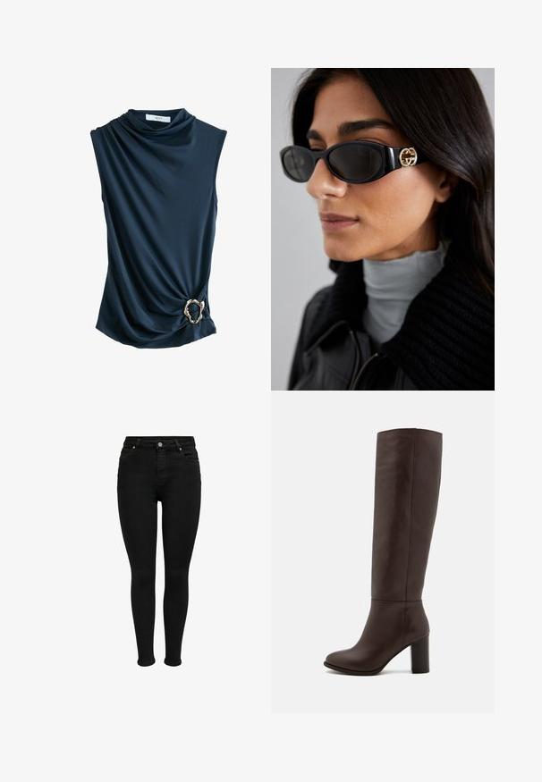 Skræddersyet bordeaux blazer med en enkelt knaplukning, skjortekrave og to forlommer; glat tekstur og skræddersyet design.; Mørkeblå ærmeløs top med draperet stof, draped halsudskæring og en metallic guldring som accent ved taljen, der tilbyder en glat og blød tekstur.; Sorte højtaljede skinny jeans med forreste knap, bæltestropper og fem-lomme design, vist mod en hvid baggrund.; Brun læderknæhøj støvle med en blokhæl, glat tekstur, rund tå og minimale syninger.; Sorte solbriller med en strømlinet rektangulær ramme og en guld logoaccent på siden. Mørke linser og blank overflade er fremtrædende.